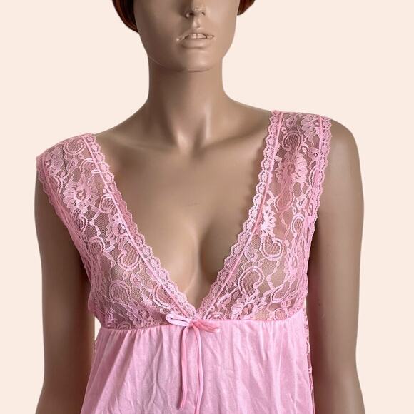 Bernette Other - Vintage Pink Nightgown Peekaboo Lace Maxi Lingerie Babydoll Deep V Full Length